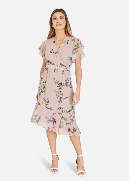 Yumi Blush Wrap Over Midi Dress With Frill Details And Matching Belt - 14 Image 1