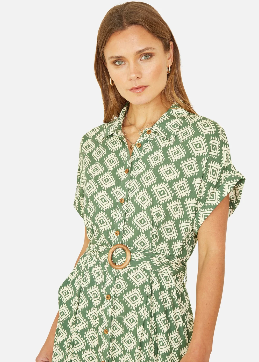 Yumi Green Viscose Midi Shirt Dress With Matching Belt - 8 Image 2