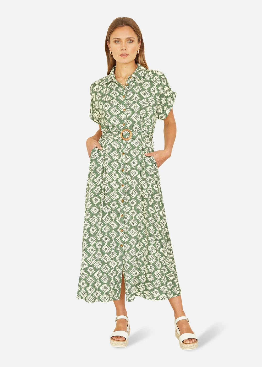 Yumi Green Viscose Midi Shirt Dress With Matching Belt - 8 Image 1