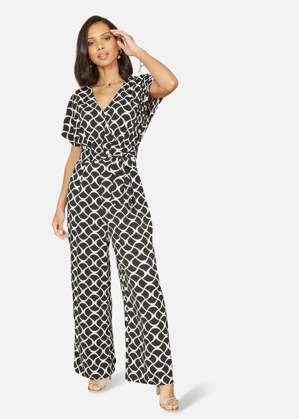 Yumi Black Geometric Print Wrap Jumpsuit - Size 16 Image 1
