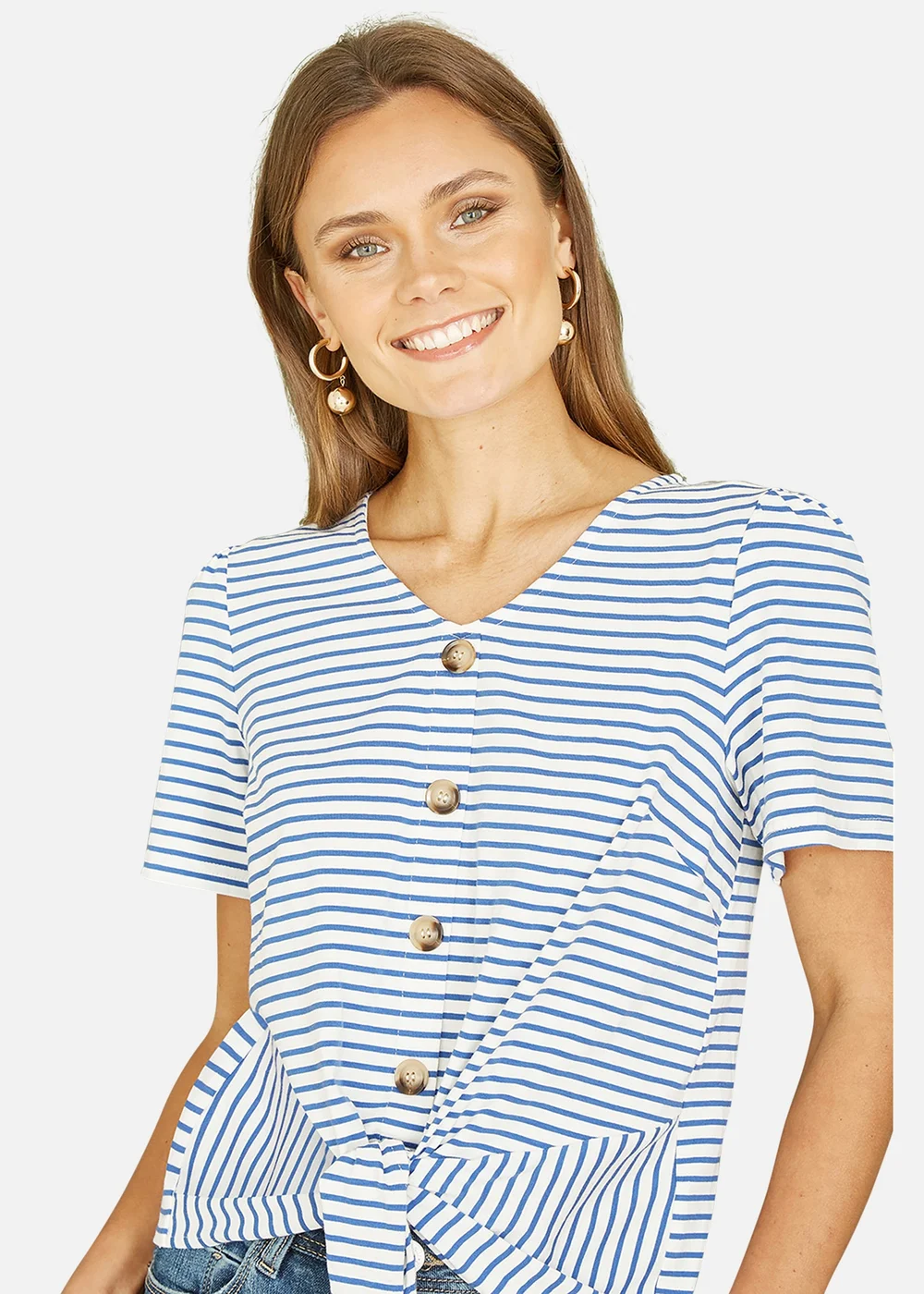 Yumi Blue Striped Jersey Button Detail Top - Size 12 Image 1
