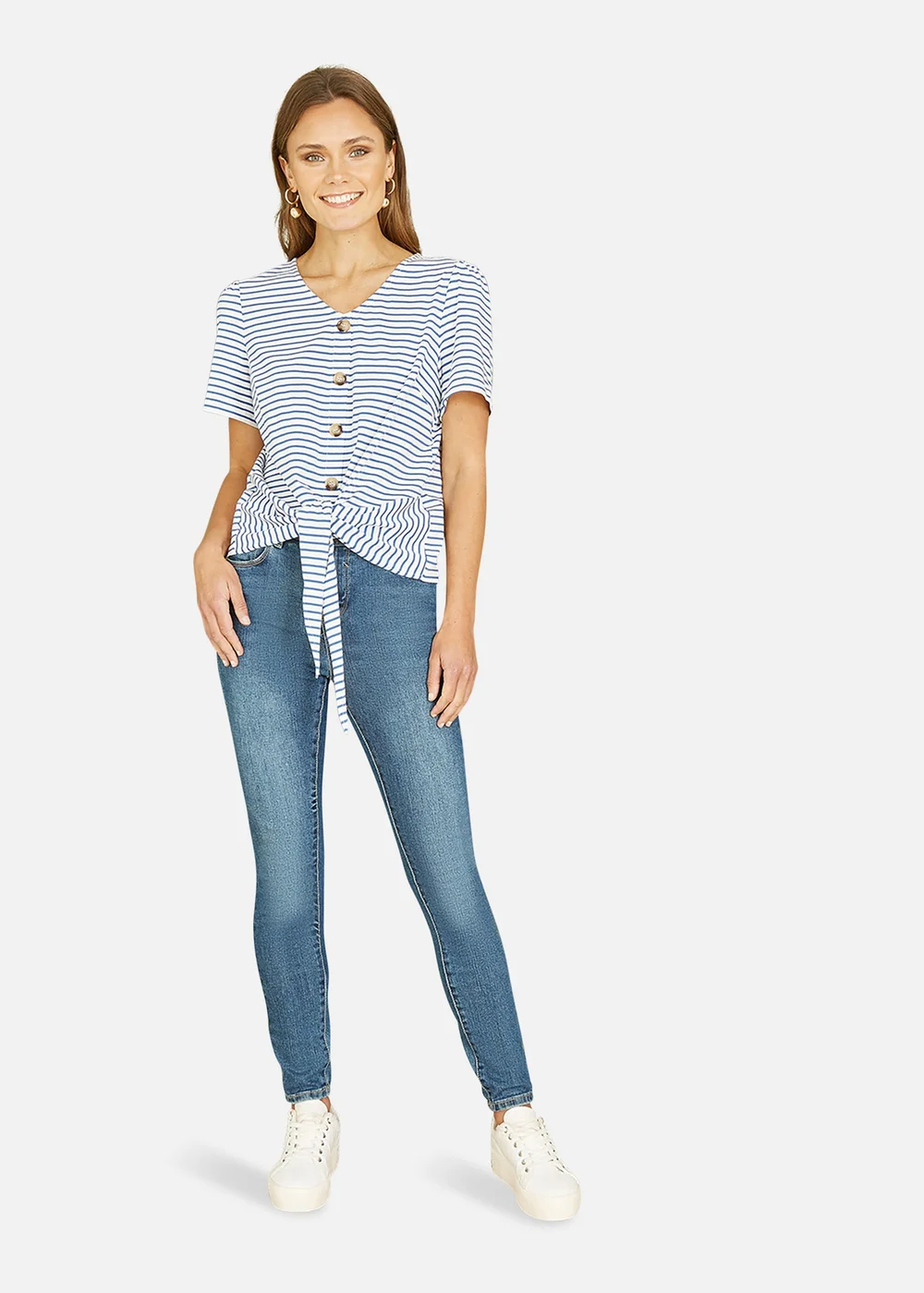 Yumi Blue Striped Jersey Button Detail Top - Size 12 Image 2