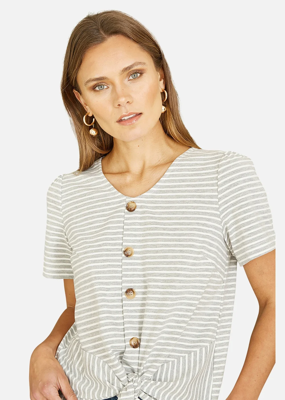Yumi Grey Striped Jersey Button Detail Top - Size 8 Image 1