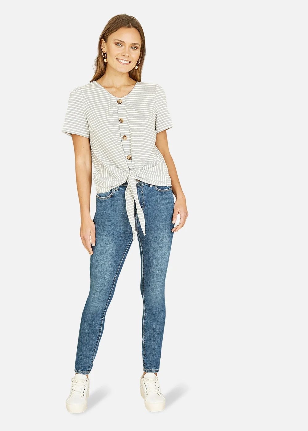 Yumi Grey Striped Jersey Button Detail Top - Size 8 Image 2