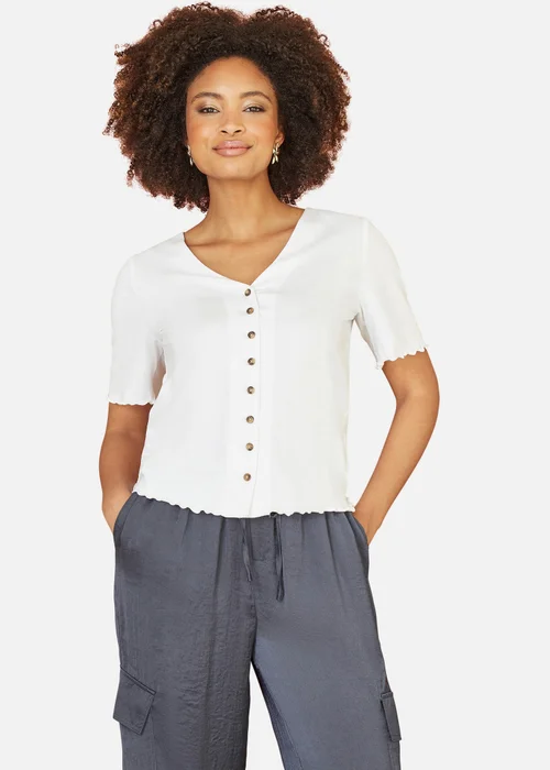 Yumi White Cotton Button Detail T-Shirt - Size 10 Image 1