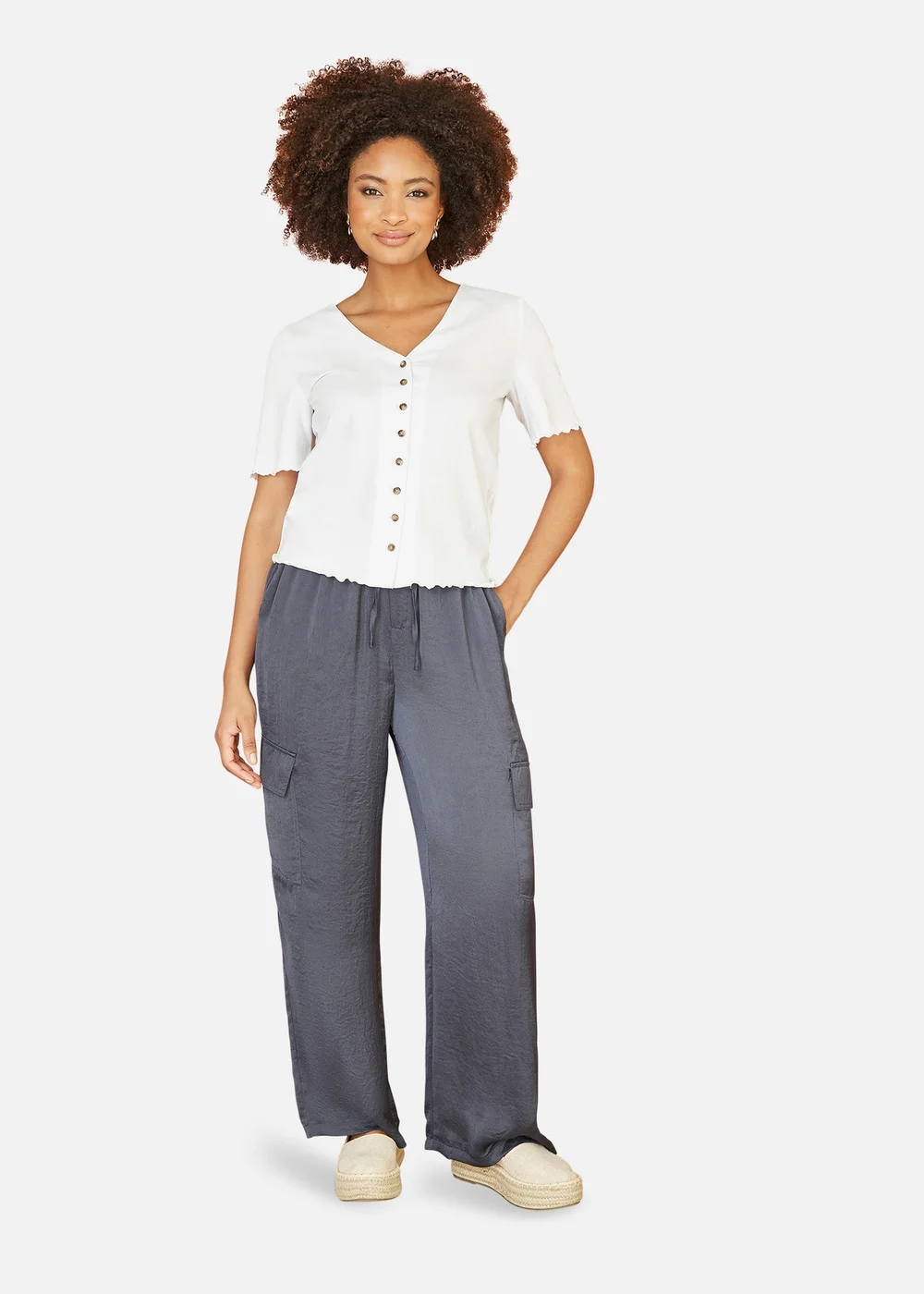 Yumi White Cotton Button Detail T-Shirt - Size 10 Image 2