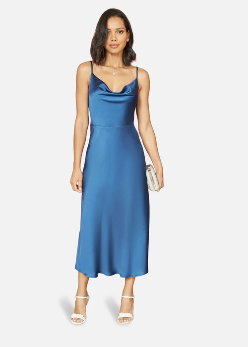 Yumi Navy Satin Cowl Neck Midi Dress - 14 Image 1
