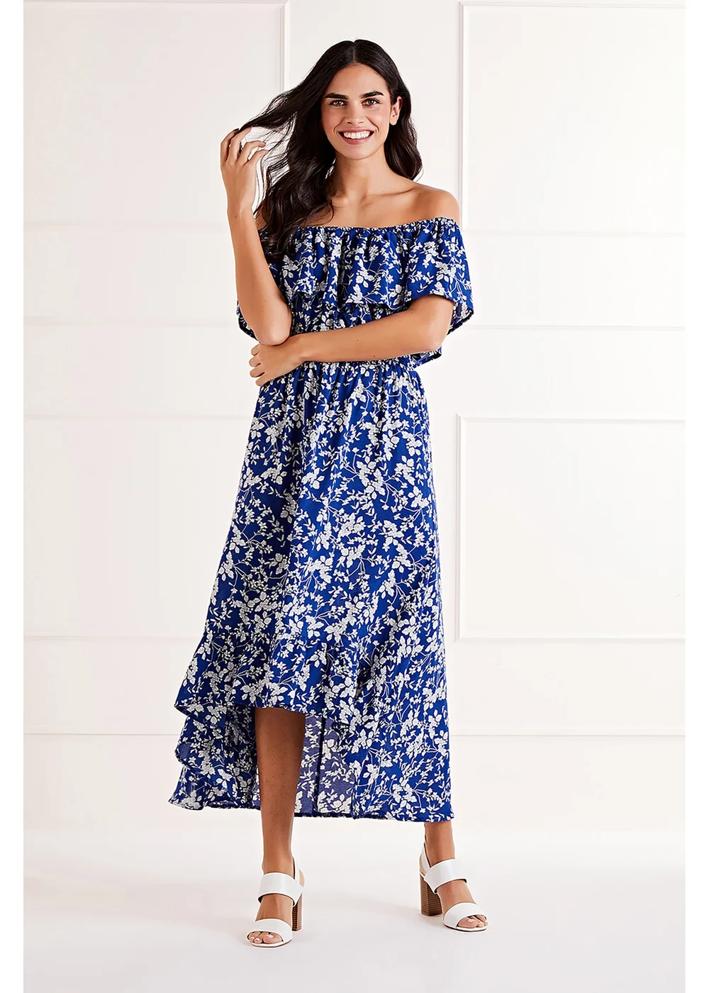 Mela Blue Ditsy Print Bardot Dipped Hem Dress - 10 Image 1