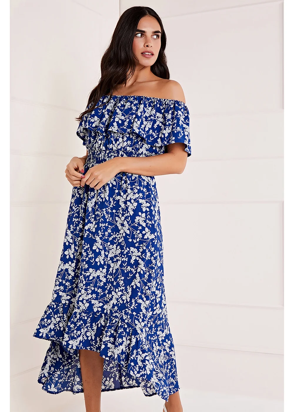 Mela Blue Ditsy Print Bardot Dipped Hem Dress - 10 Image 2