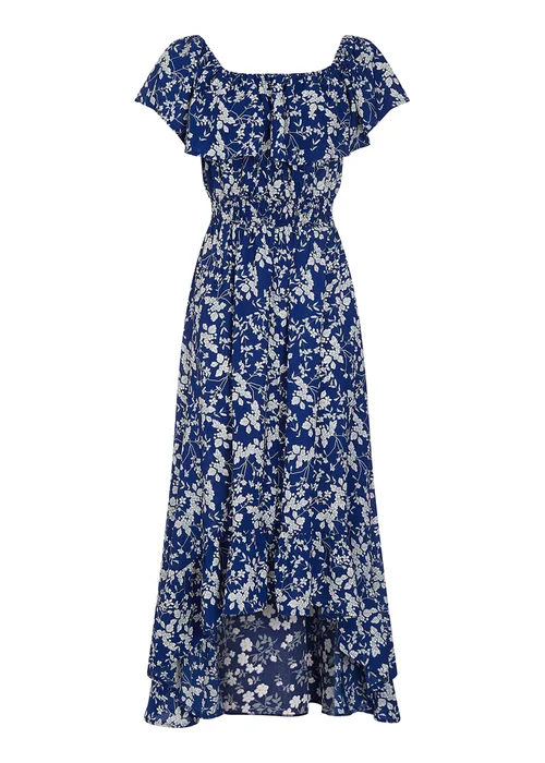 Mela Blue Ditsy Print Bardot Dipped Hem Dress - 10 Image 3