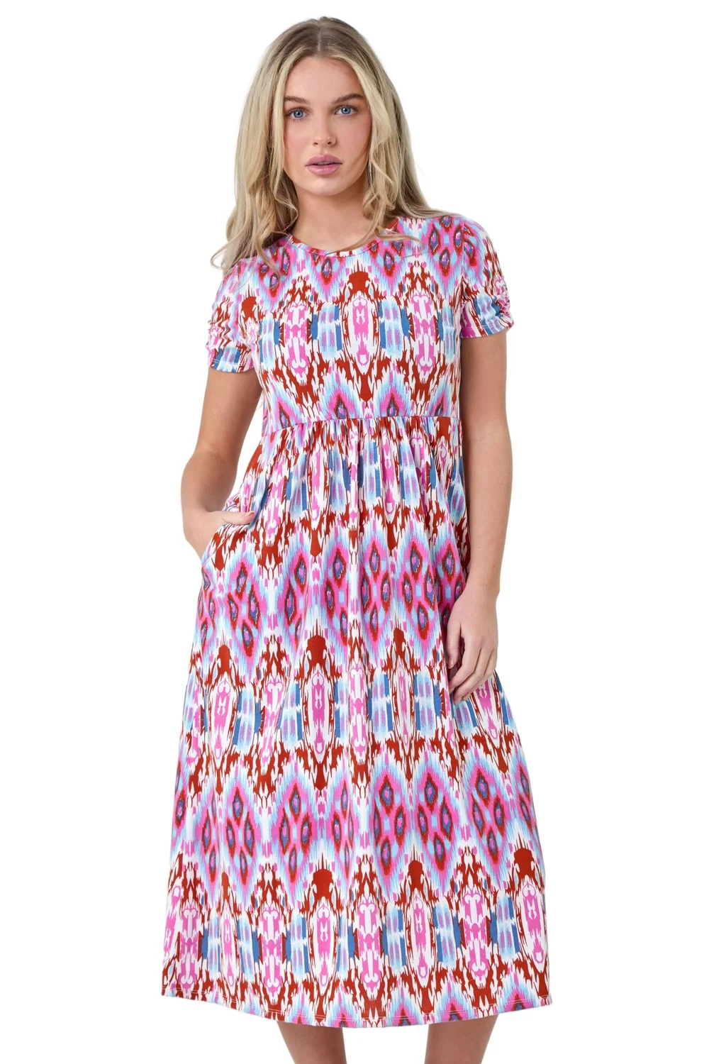 Roman Pink Petite Aztec Print Stretch Pocket Midi Dress - 14 Image 2