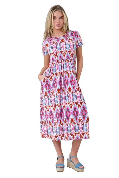 Roman Pink Petite Aztec Print Stretch Pocket Midi Dress - 14 Image 1