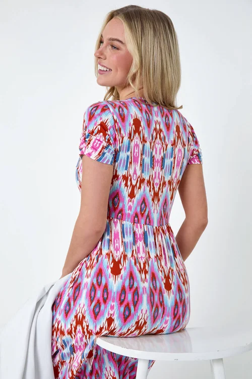 Roman Pink Petite Aztec Print Stretch Pocket Midi Dress - 14 Image 3