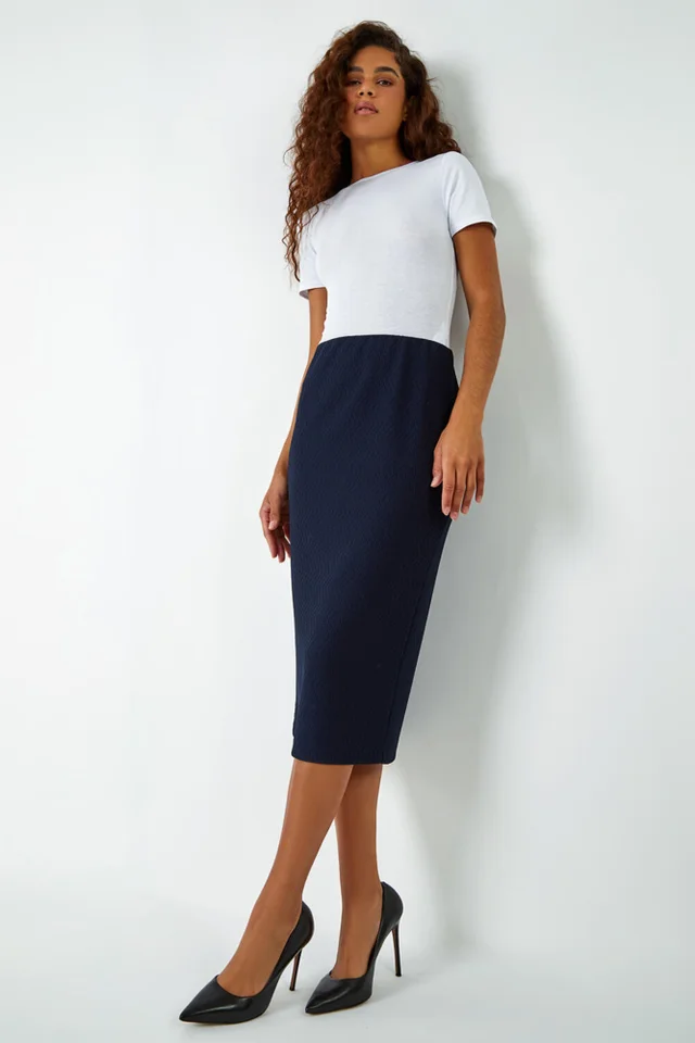Roman Navy Textured Elastic Waist Pencil Midi Skirt