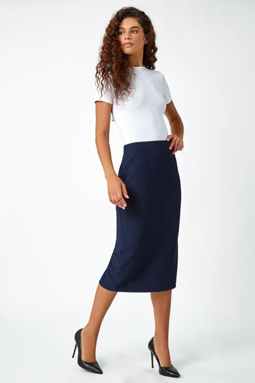 Roman Navy Textured Elastic Waist Pencil Midi Skirt - Size 12 Image 4