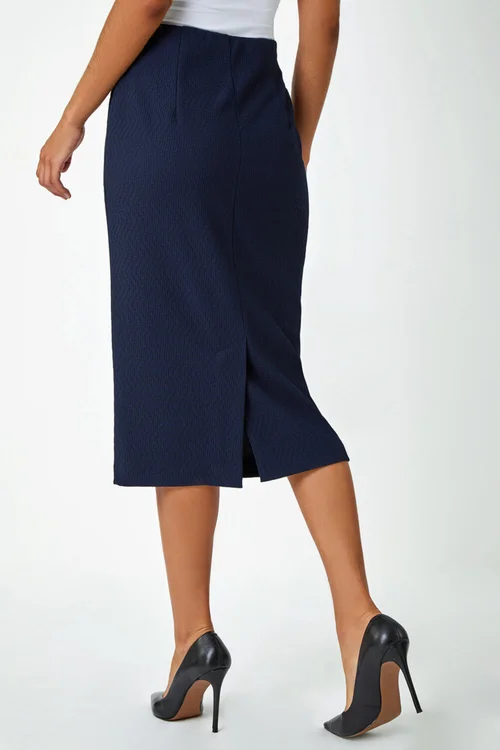 Roman Navy Textured Elastic Waist Pencil Midi Skirt - Size 12 Image 3