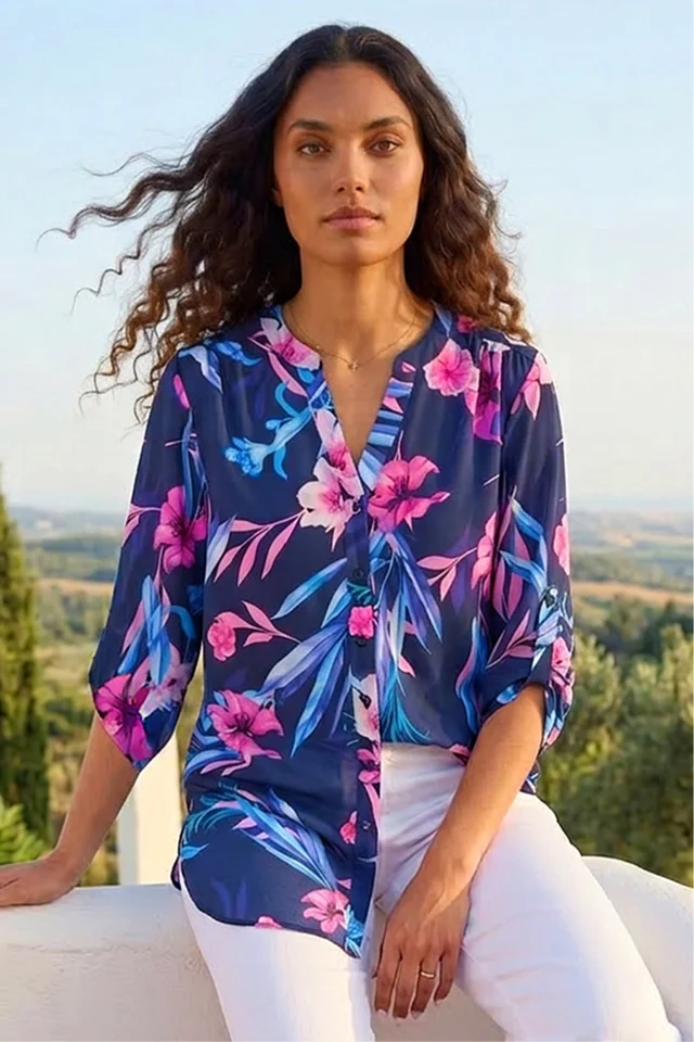 Roman Pink Tropical Print Longline Blouse