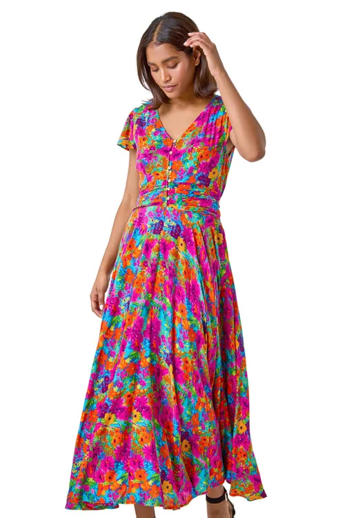 Roman Fuchsia Floral Ruched Waist Maxi Dress - Size 20 Image 2