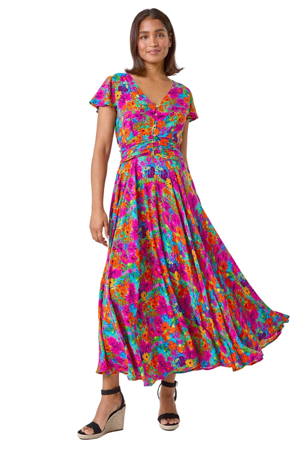 Roman Fuchsia Floral Ruched Waist Maxi Dress - Size 20 Image 1