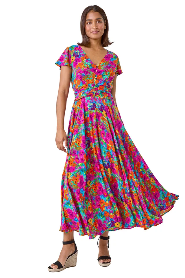 Roman Fuchsia Floral Ruched Waist Maxi Dress