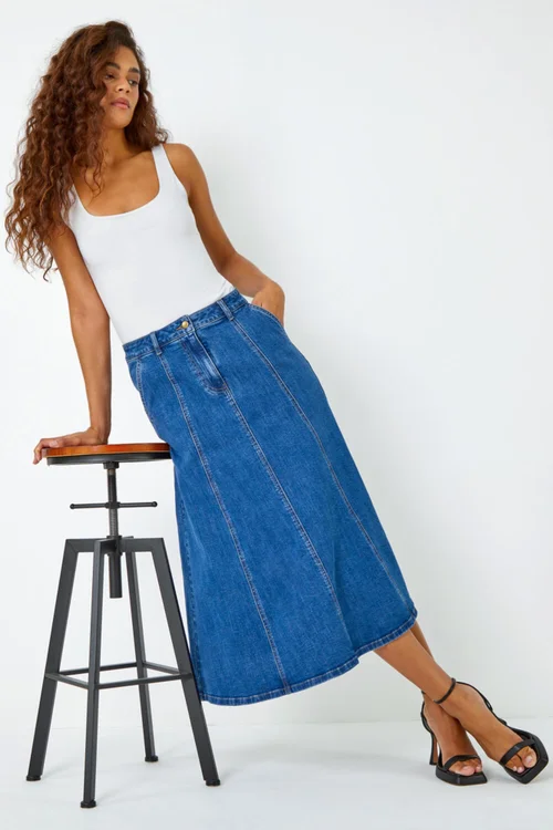 Roman Denim Cotton Denim Panelled Midi Skirt - Size 16 Image 3