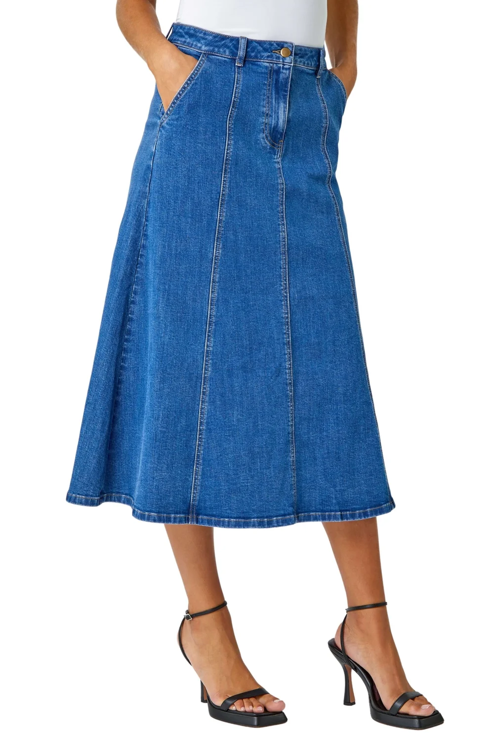 Roman Denim Cotton Denim Panelled Midi Skirt - Size 16 Image 1