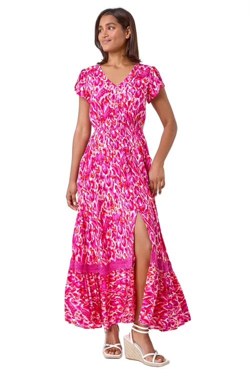 Roman Pink Abstract Print Shirred Waist Maxi Dress - Size 12 Image 1
