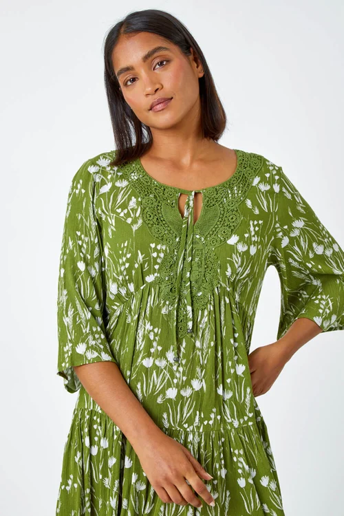 Roman Khaki Floral Print Lace Detail Smock Dress - Size 16 Image 4