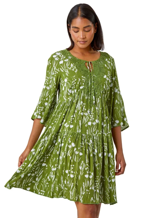 Roman Khaki Floral Print Lace Detail Smock Dress - Size 16 Image 1