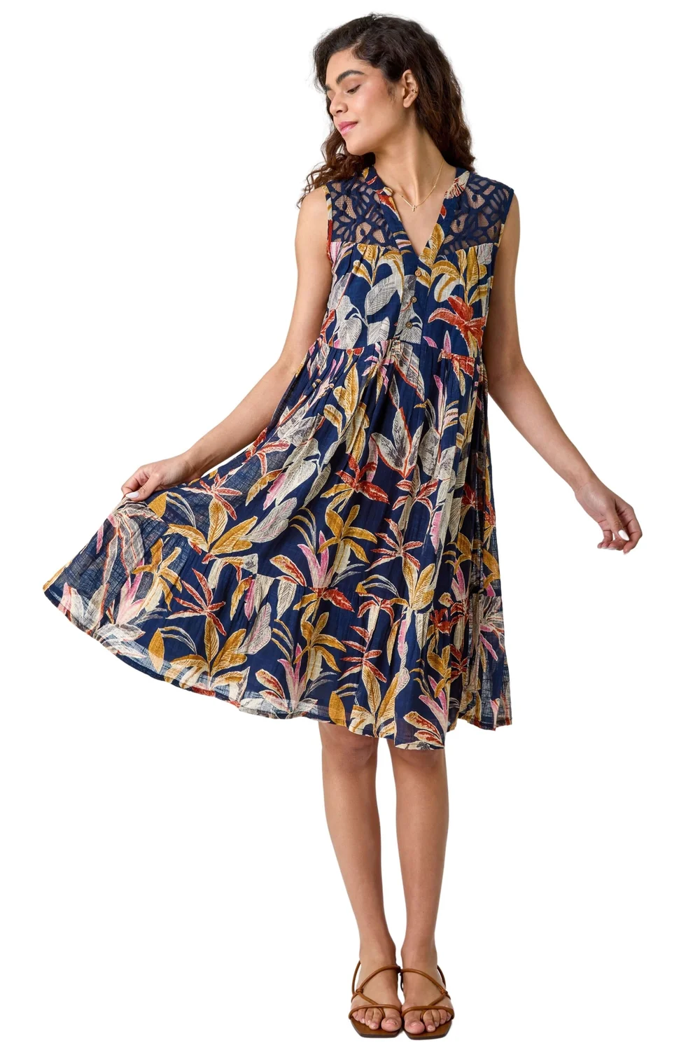 Roman Navy Cotton Tropical Lace Detail Tiered Dress - Size 18 Image 1