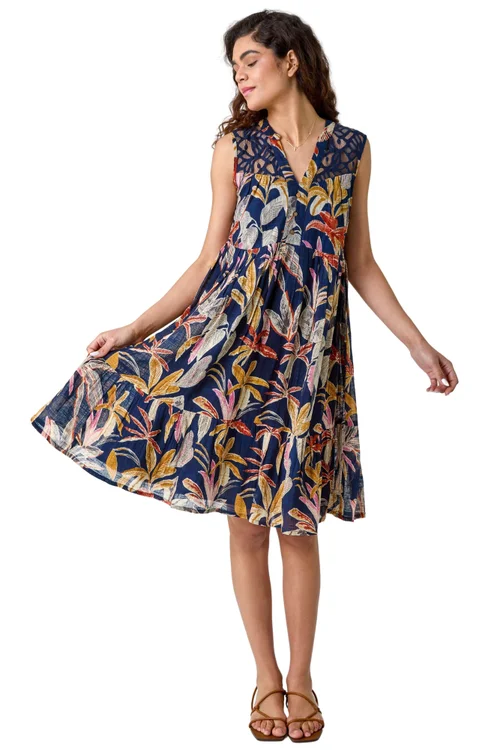 Roman Navy Cotton Tropical Lace Detail Tiered Dress - Size 18 Image 1