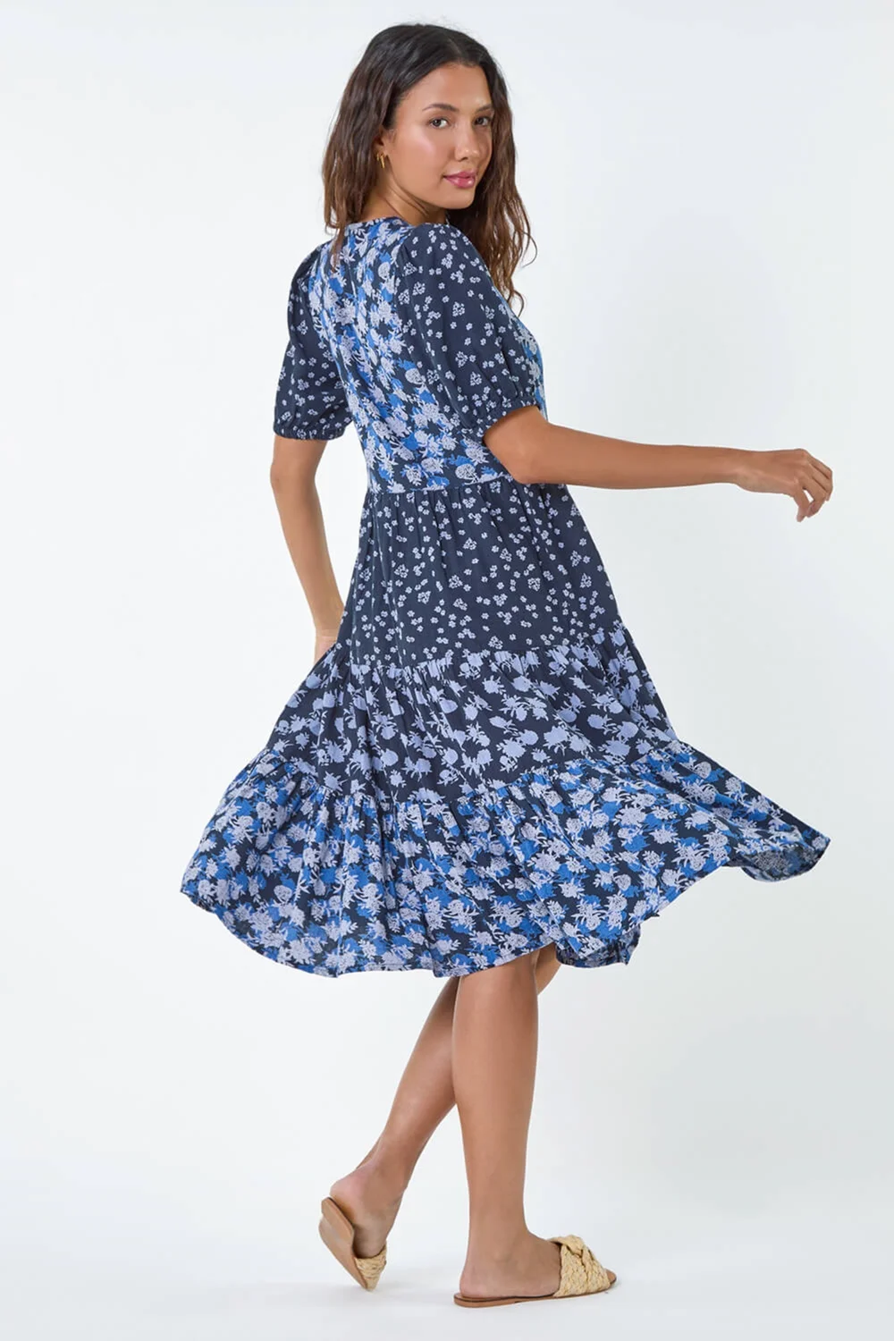 Roman Navy Floral Cotton Blend Tiered Smock Dress - 14 Image 3