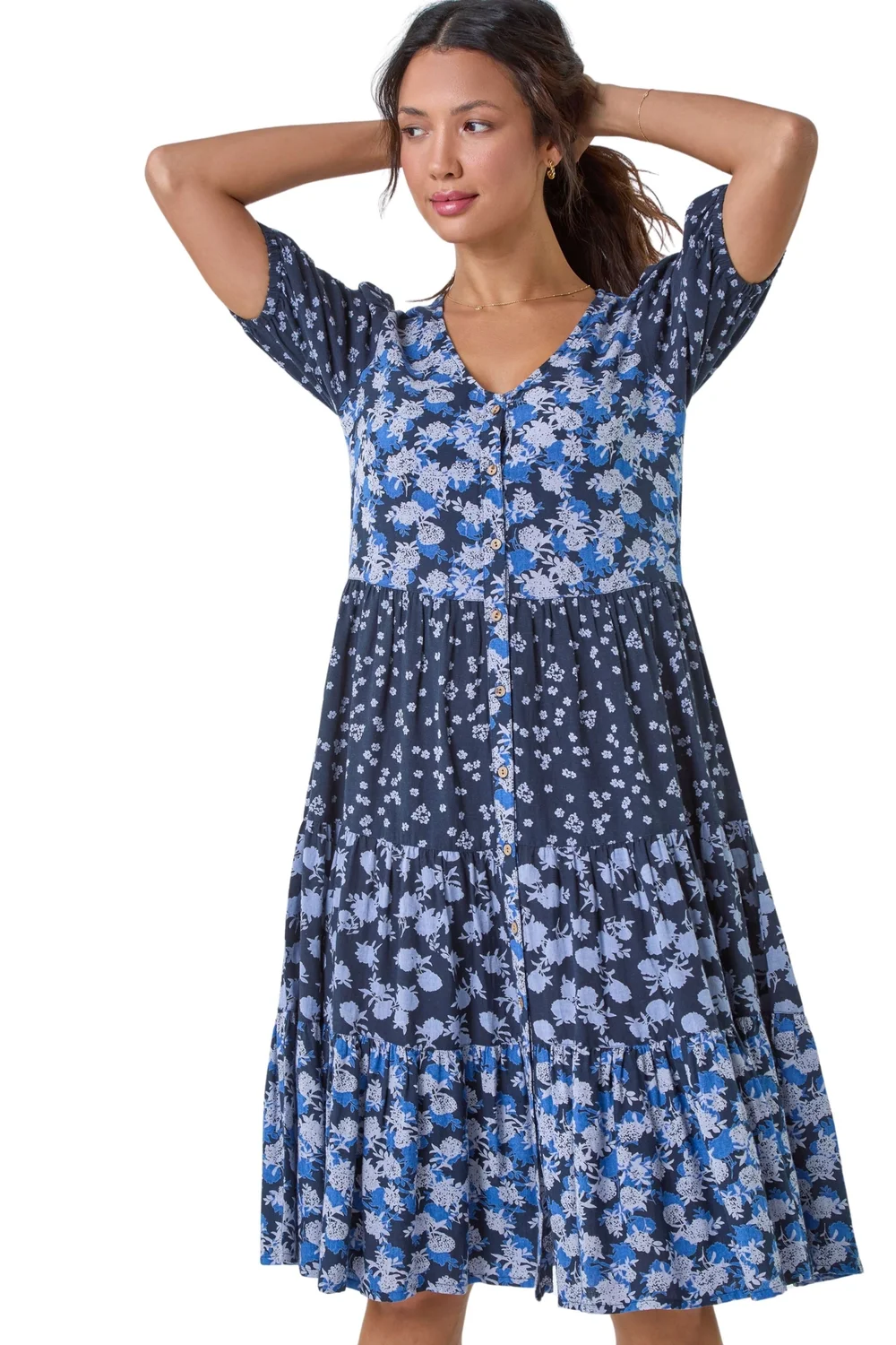 Roman Navy Floral Cotton Blend Tiered Smock Dress - 16 Image 1