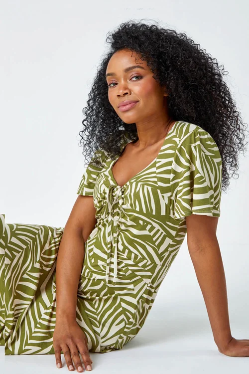 Roman Petite Khaki Animal Stretch Gathered Midi Dress - Size 18 Image 3