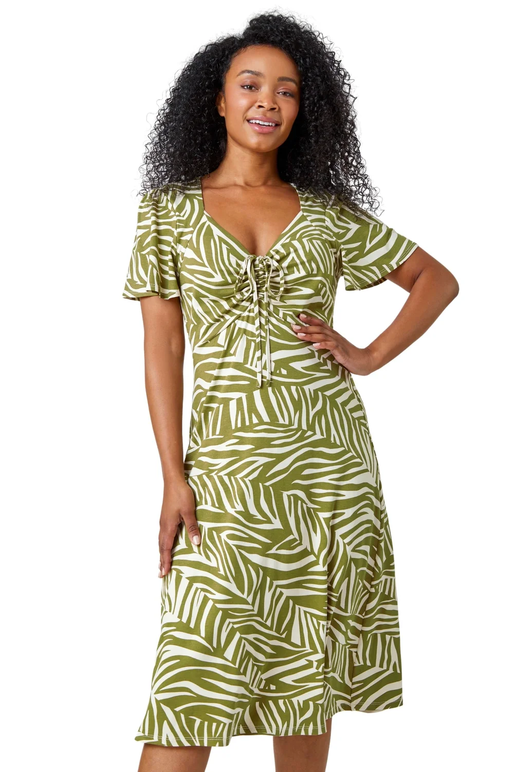 Roman Petite Khaki Animal Stretch Gathered Midi Dress - Size 18 Image 2