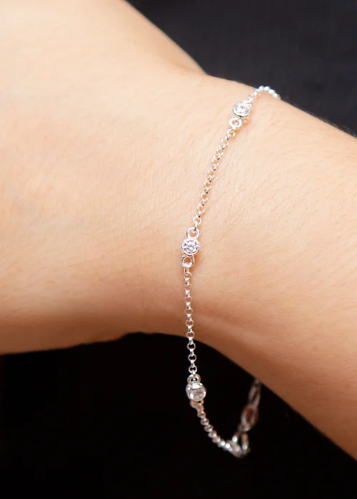 Golden Moments Sterling Silver Round CZ Station Bracelet - One Size Image 3