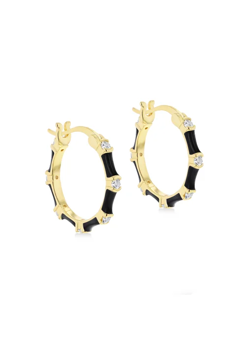Golden Moments Yellow Gold Plated CZs Black Enamel Hoop Earrings - One Size Image 1
