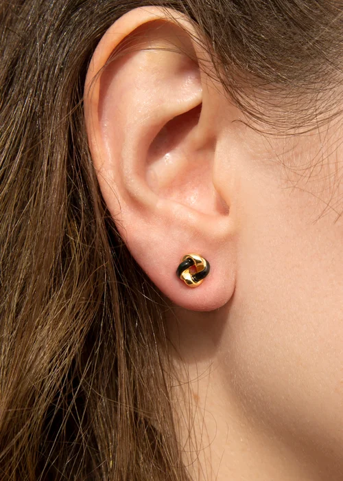 Golden Moments Yellow Gold Plated Black Enamel Small Knot Studs - One Size Image 3