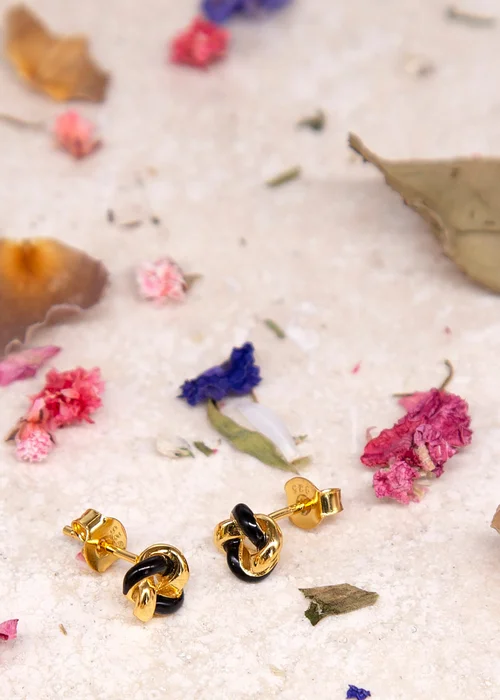 Golden Moments Yellow Gold Plated Black Enamel Small Knot Studs - One Size Image 2