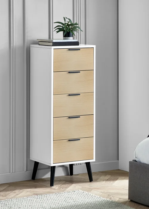 Julian Bowen Alba 5 Drawer Narrow Chest in White and Oak (120.5 x 45 x 40cm) - No Size Image 1
