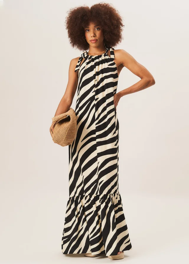 Gini London Mono Zebra Print Tie Shoulder Maxi Dress