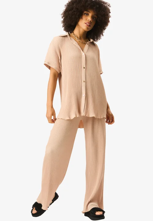 Gini London Beige Plisse Loungewear Wide Leg Trousers - M/L Image 1