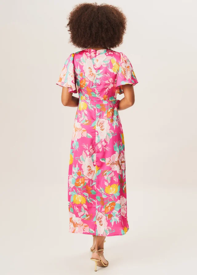 Gini London Pink Floral Print Angel Sleeves Midi Dress
