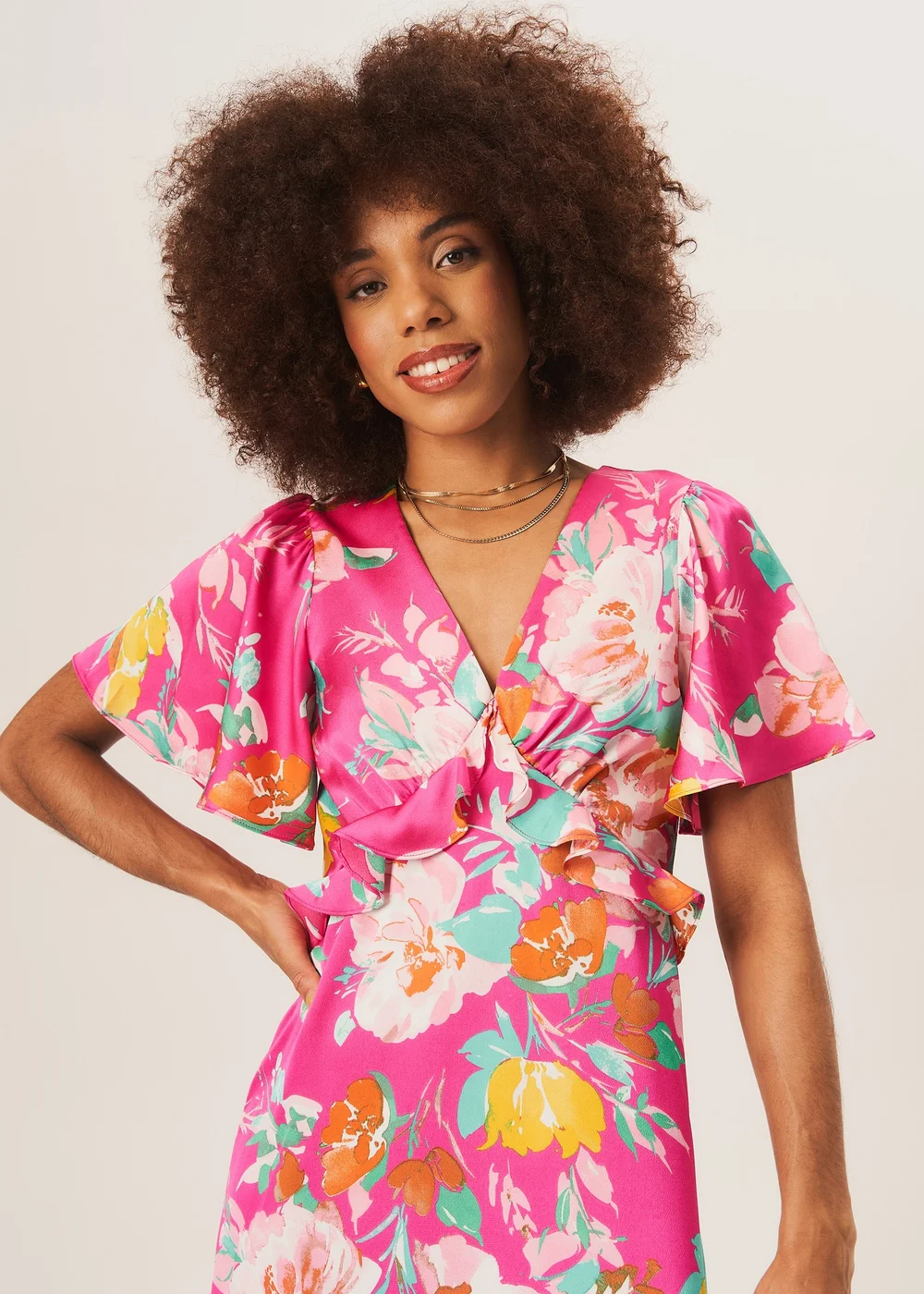 Gini London Pink Floral Print Angel Sleeves Midi Dress - 10 Image 3