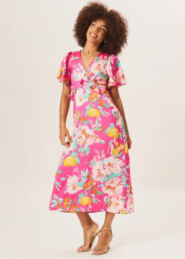 Gini London Pink Floral Print Angel Sleeves Midi Dress