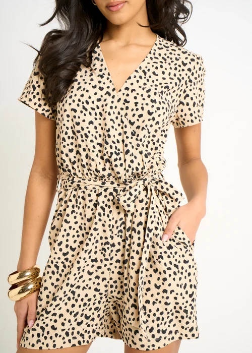 Gini London Beige Animal Print Belted Wrap Playsuit - 16 Image 3