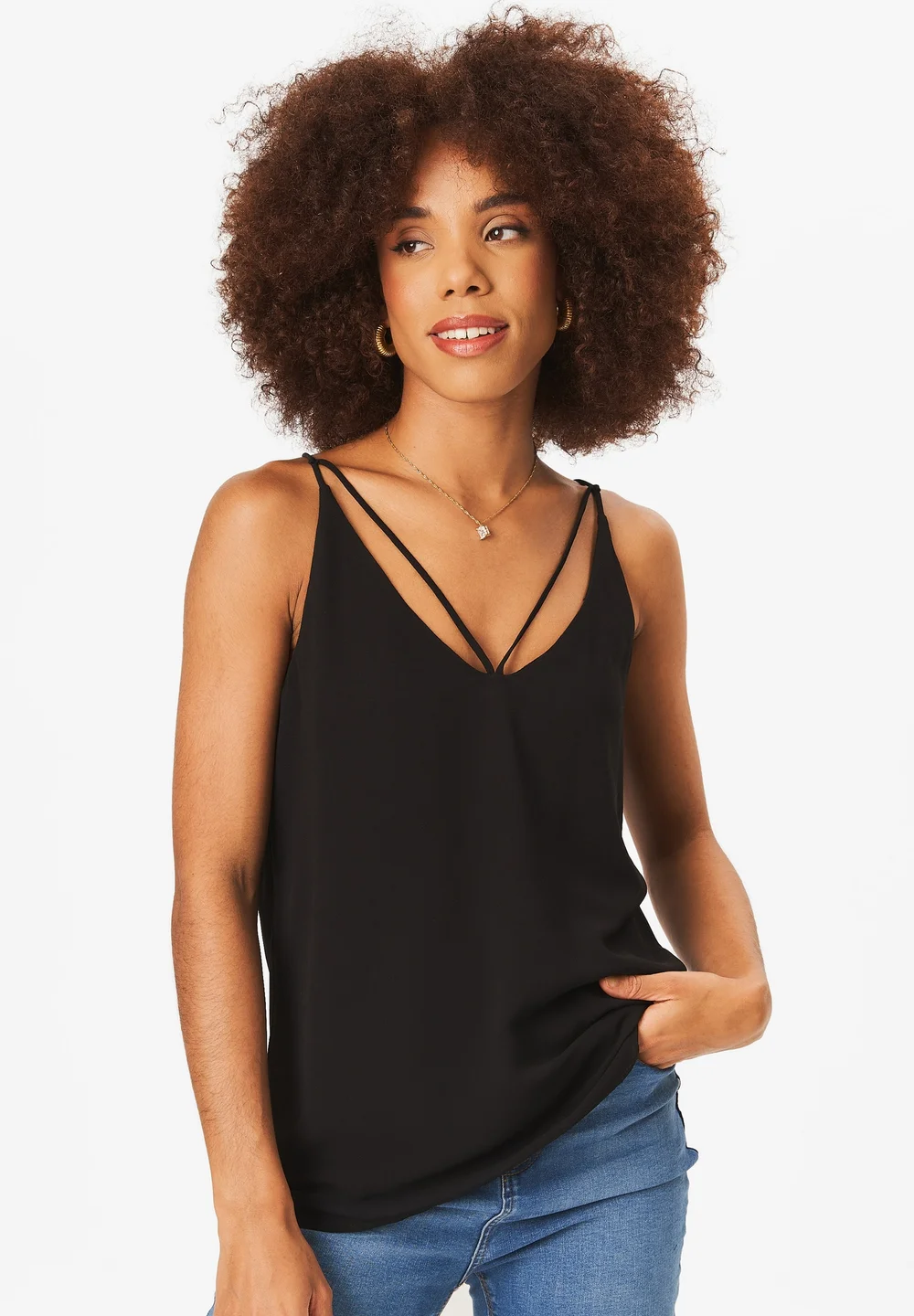 Gini London Black Plain Strappy Cami Top - M/L Image 1