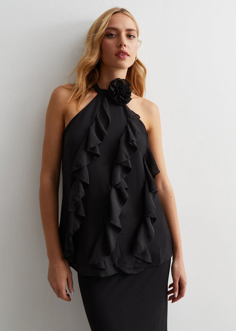 Gini London Black Ruffle Detail Halter Neck Top - M/L Image 1