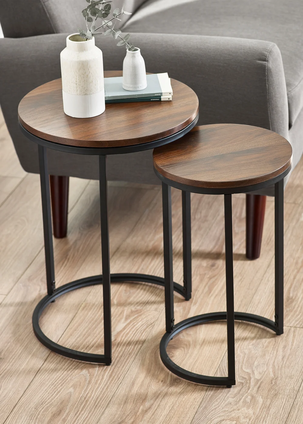 Julian Bowen Walnut Tribeca Round Nesting Side Tables (55 x 40 x 40cm) - One Size Image 1