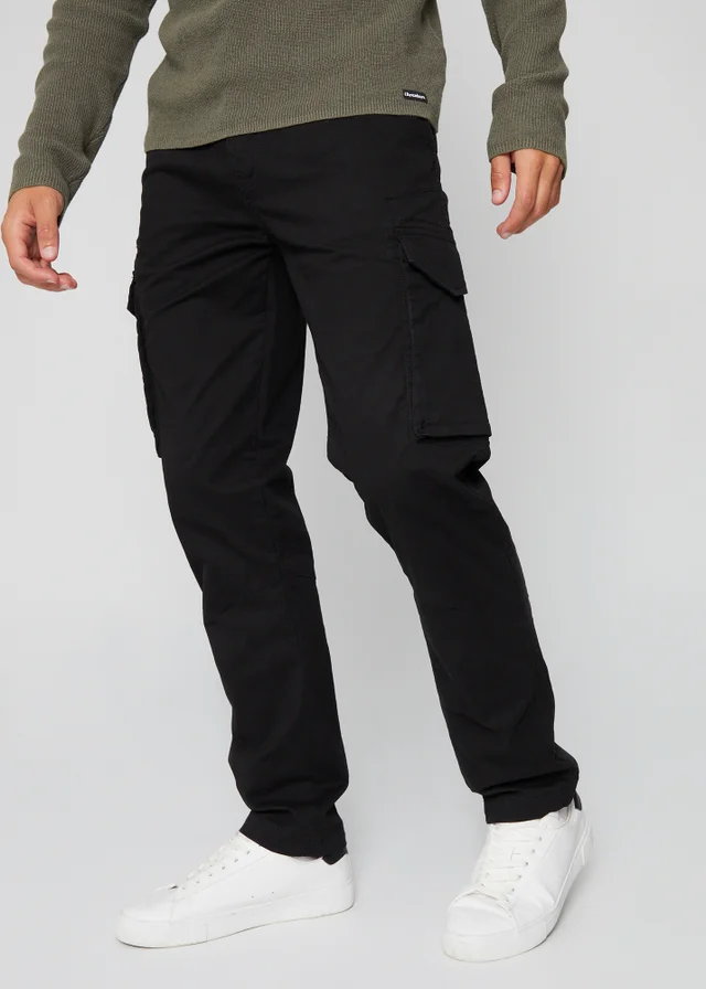 Threadbare Black Cotton Cargo Trousers With Stretch